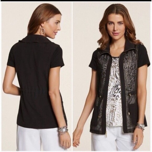 Chico's Zenergy Neema Mesh Foil Front Vest 2 Large 12 Gold Black Full Zip Cinch - Picture 4 of 16